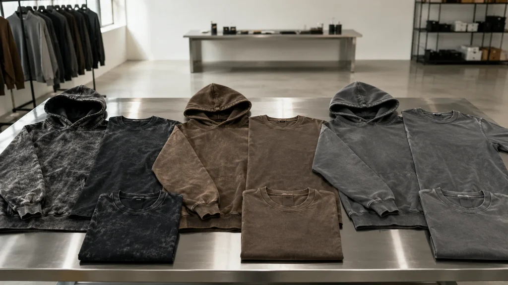 Acid Wash vs Garment Dye vs Vintage Wash: 7 Essential Rules for Streetwear Collections 12 Photorealistic streetwear production table showing acid wash, garment dyed, and vintage washed hoodies and T-shirts side by side, different faded textures and tonal finishes, no logos, no visible text, clean studio lighting, premium apparel manufacturing mood,