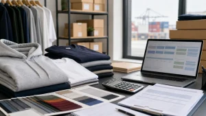Apparel import cost planning with garments, calculator, fabric swatches, and customs documents